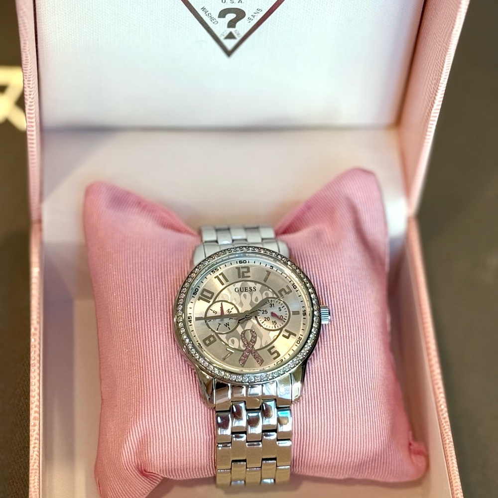 GUESS Limited Edition Breast Cancer Awareness Silver Watch - Picture 2 of 6